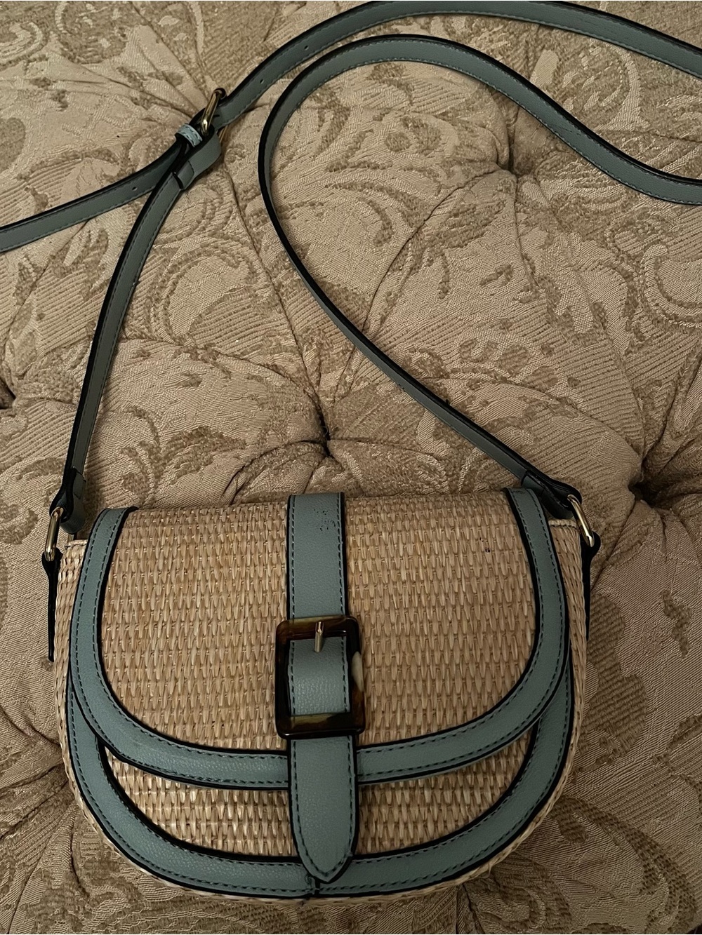 Woven Saddle Crossbody Bag with Light Blue Trim